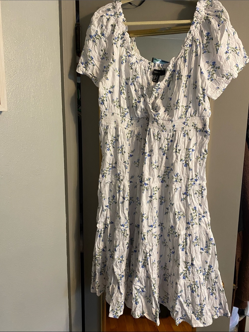 Forever 21 White Midi Dress with Blue Floral Print